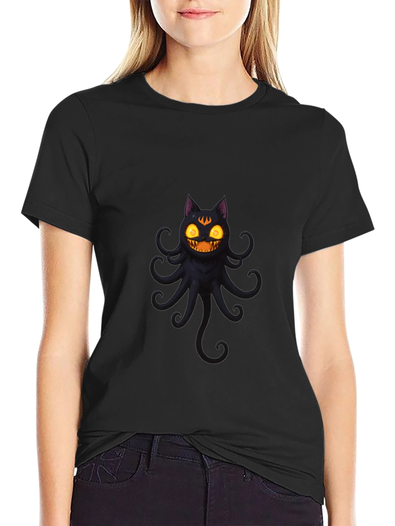 Spooky Cat Octopus Black T-Shirt