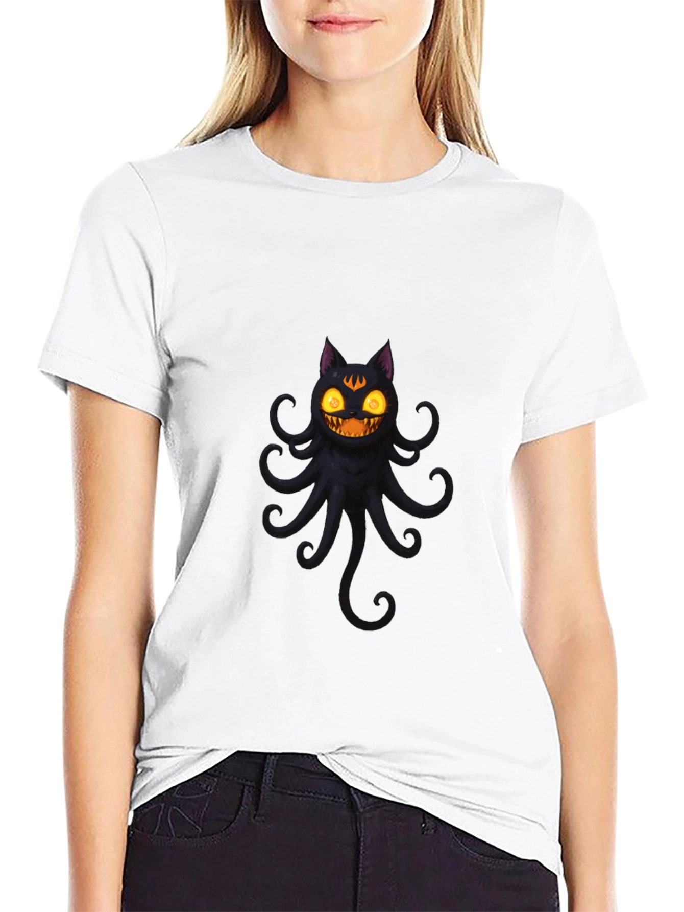 Spooky Cat Octopus Black T-Shirt