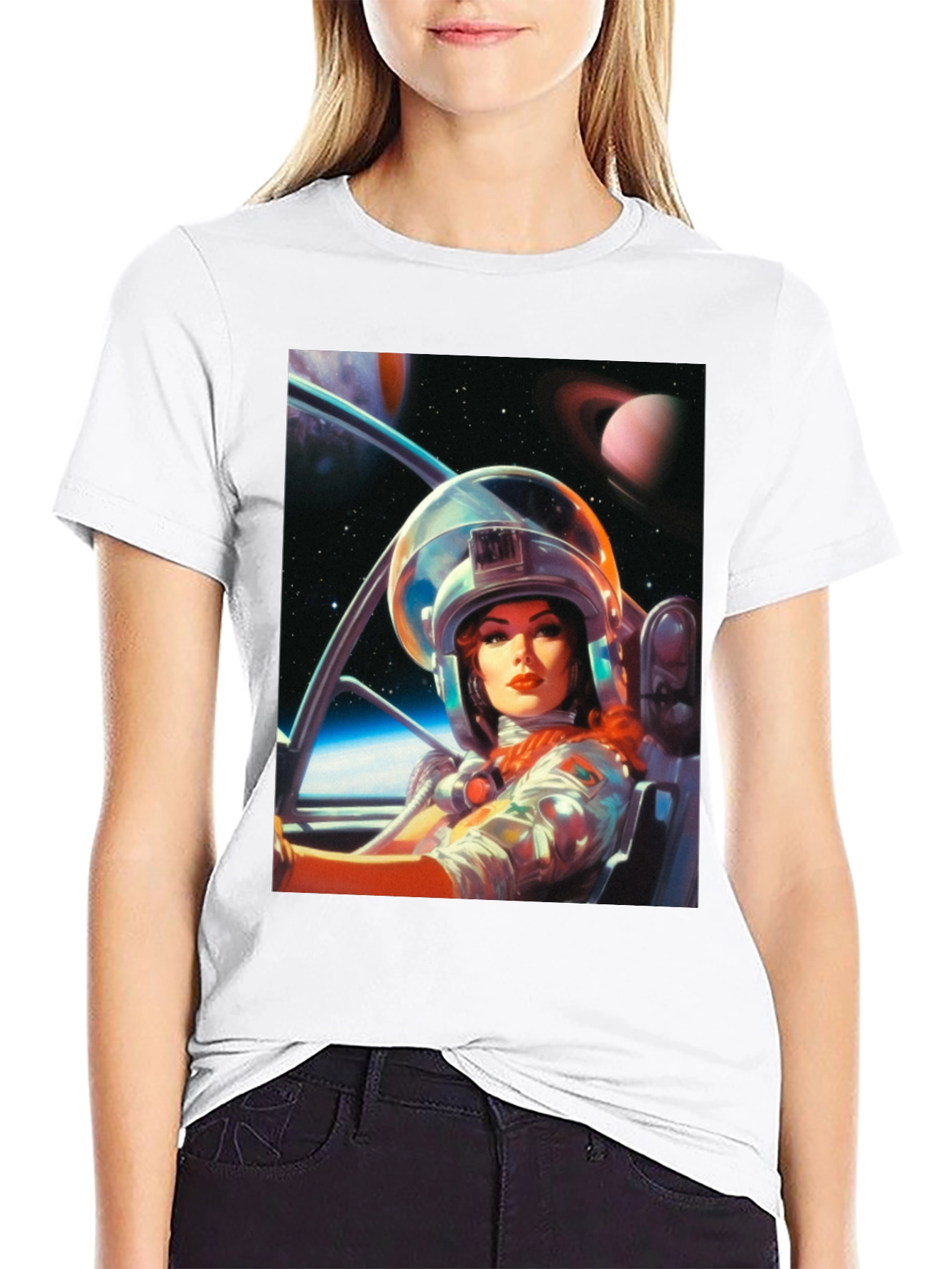 Retro Space Girl T-Shirt - Black