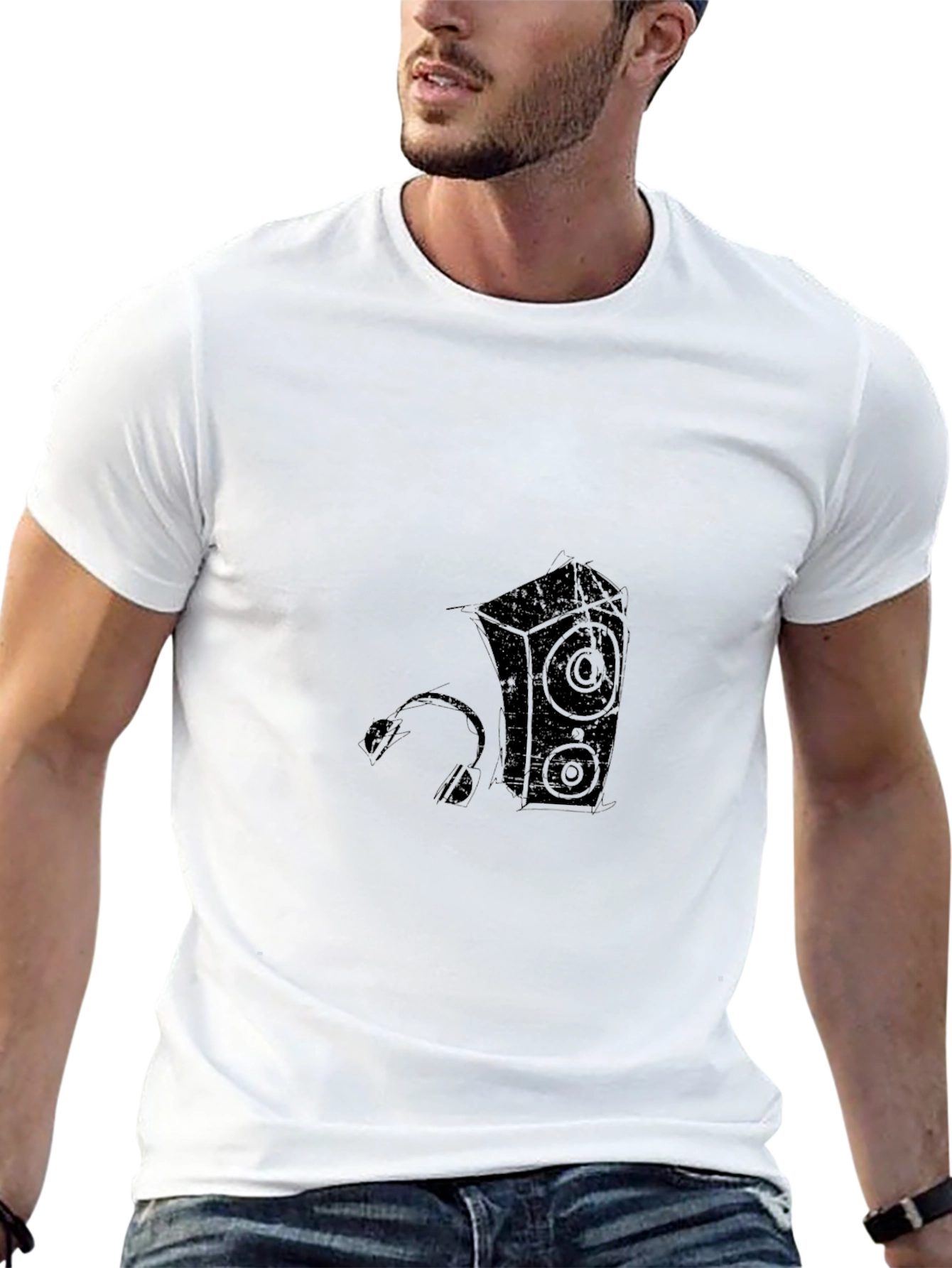 Cool Black T-Shirt with Speaker and Headphone Graphic