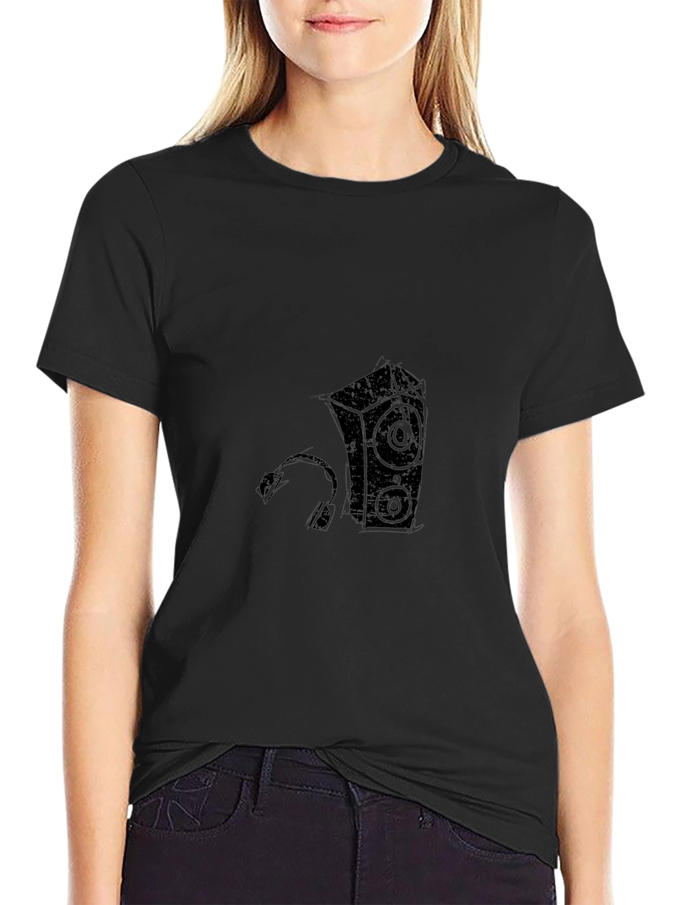 Cool Black T-Shirt with Speaker and Headphone Graphic