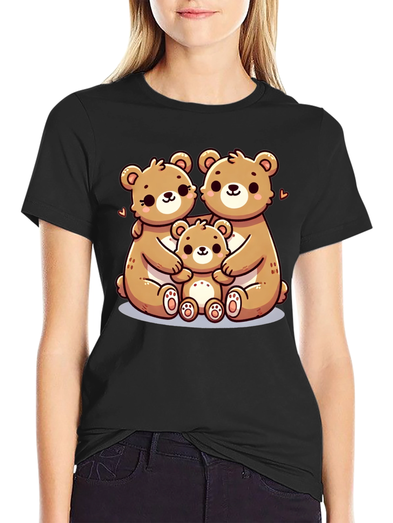 Cute Bear Family Graphic Tee - Black