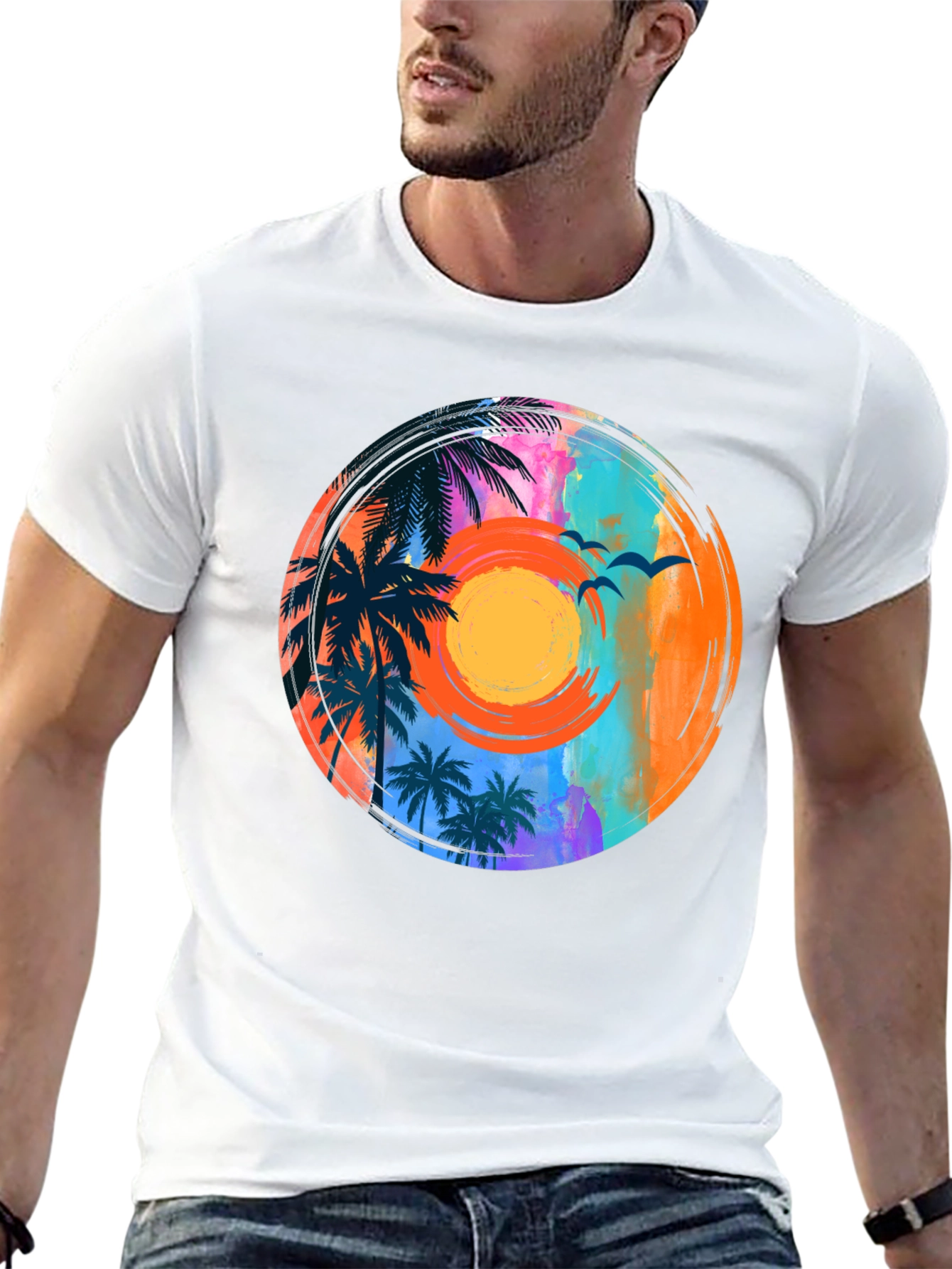 Sunset Palm Tee: Tropical Vibe Graphic T-Shirt