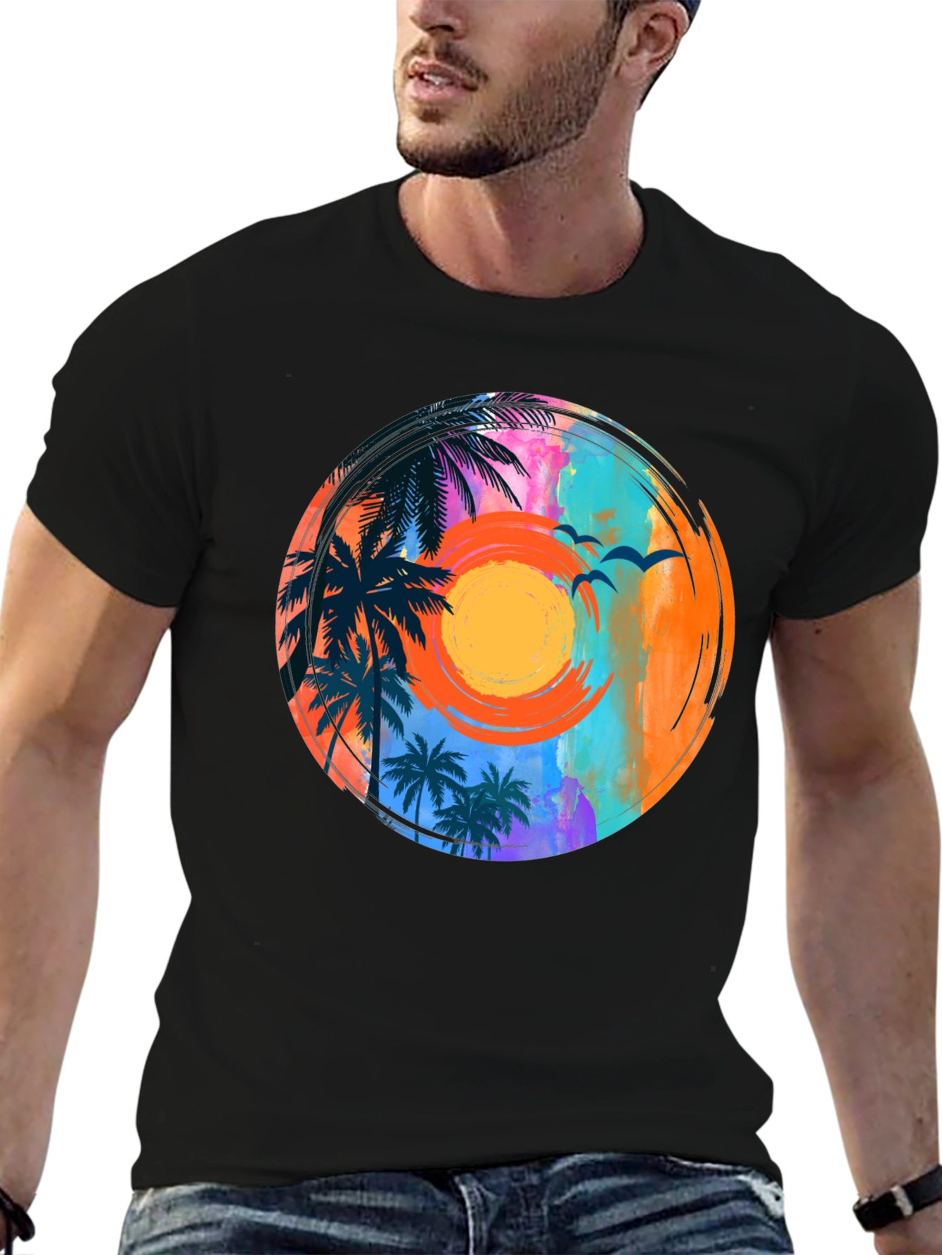 Sunset Palm Tee: Tropical Vibe Graphic T-Shirt