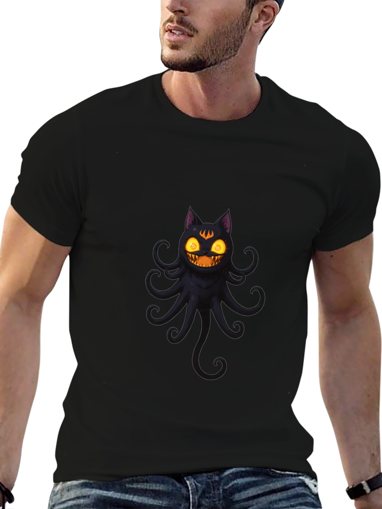 Spooky Cat Octopus Black T-Shirt