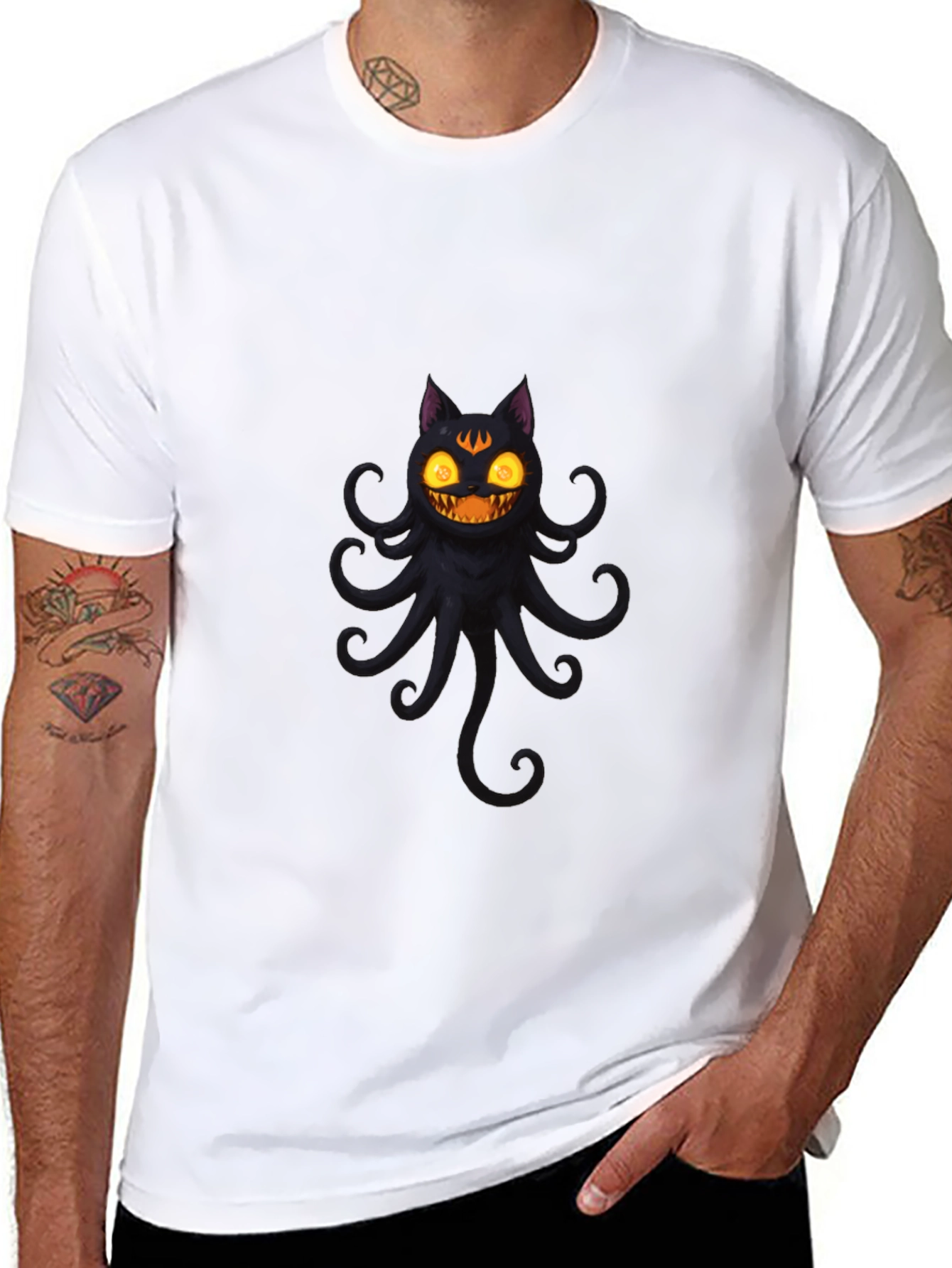 Spooky Cat Octopus Black T-Shirt