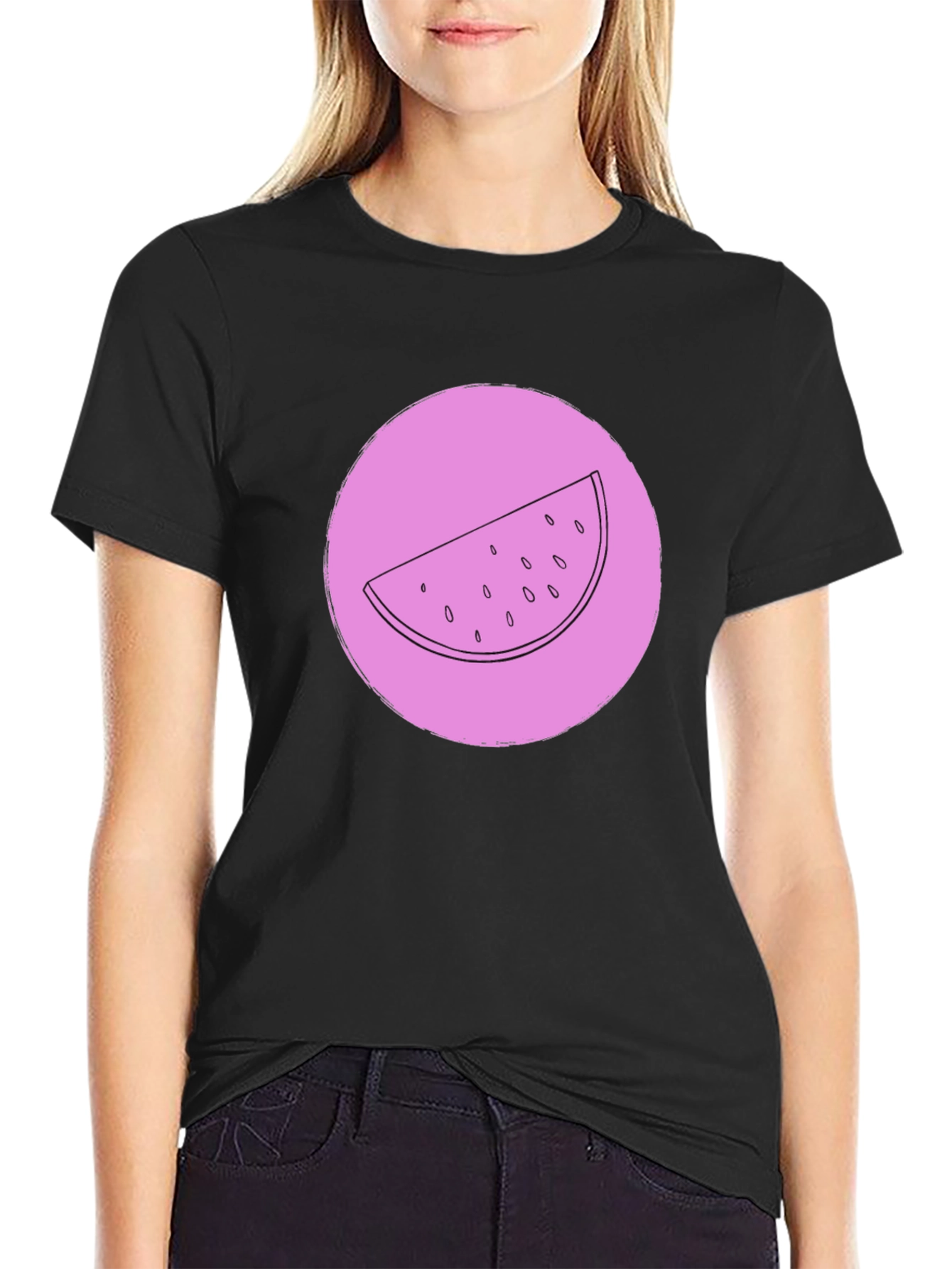 Watermelon Slice Graphic Tee - Black Crew Neck