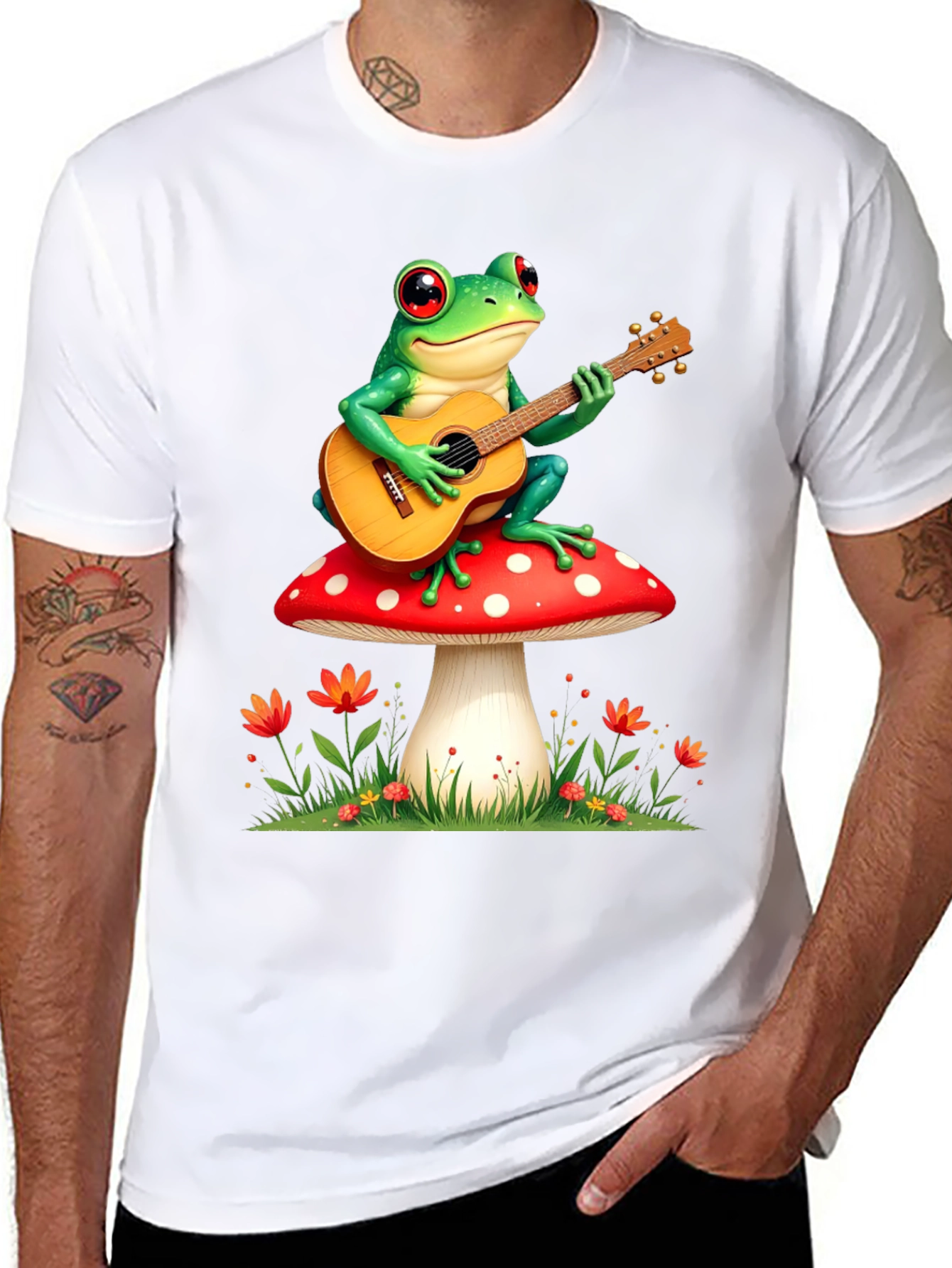 Frog Playing Guitar Mushroom T-Shirt