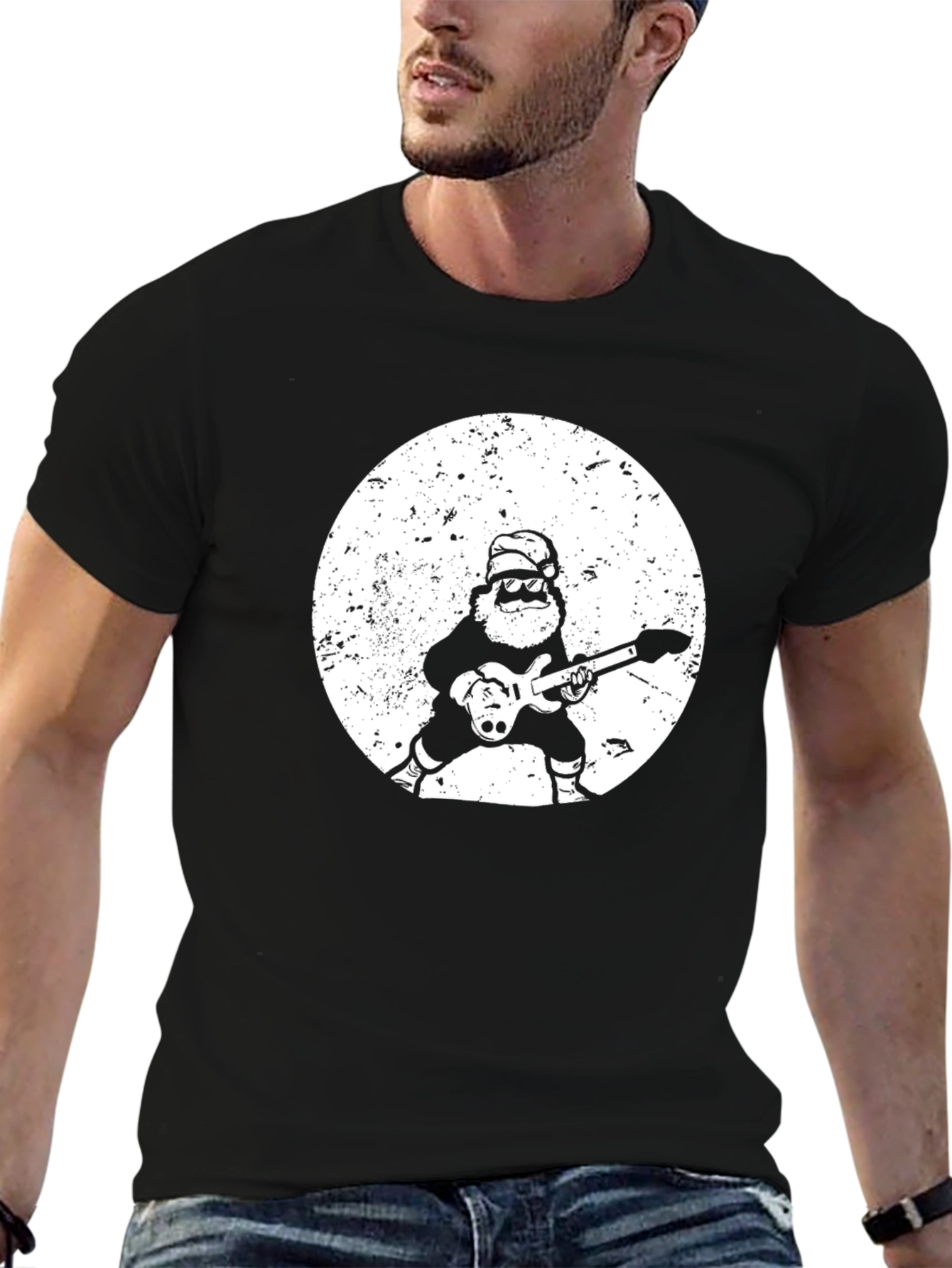 Rockin Santa Graphic Tee - Black Cotton T-Shirt