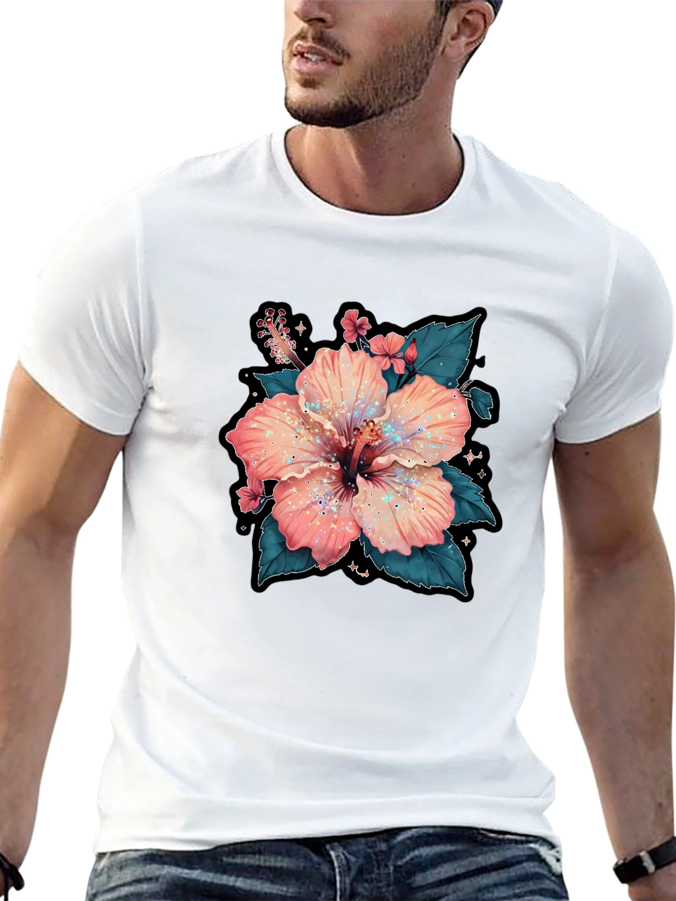 Hibiscus Flower Graphic Tee - Casual Black T-Shirt