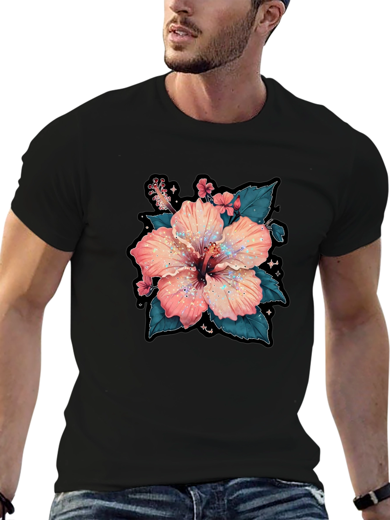 Hibiscus Flower Graphic Tee - Casual Black T-Shirt
