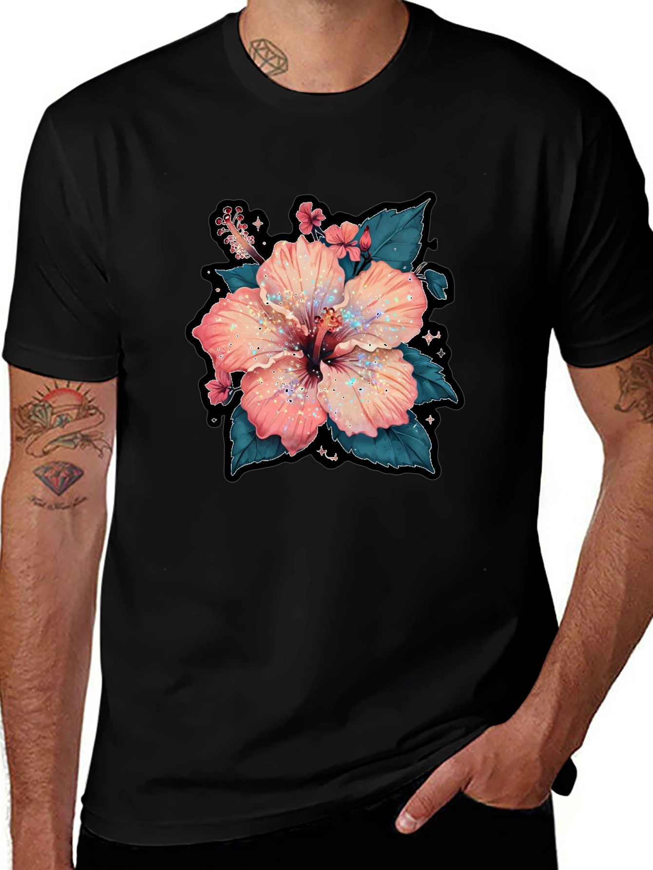 Hibiscus Flower Graphic Tee - Casual Black T-Shirt