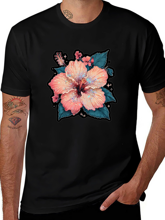 Hibiscus Flower Graphic Tee - Casual Black T-Shirt