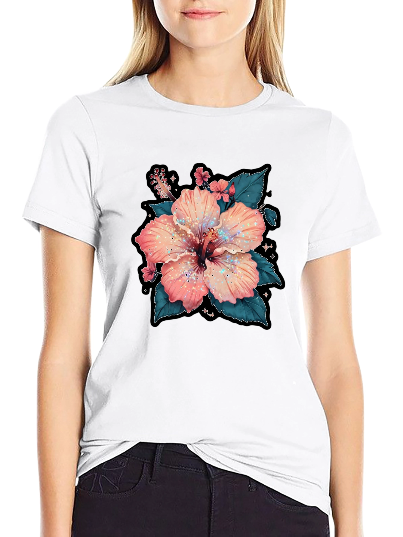 Hibiscus Flower Graphic Tee - Casual Black T-Shirt