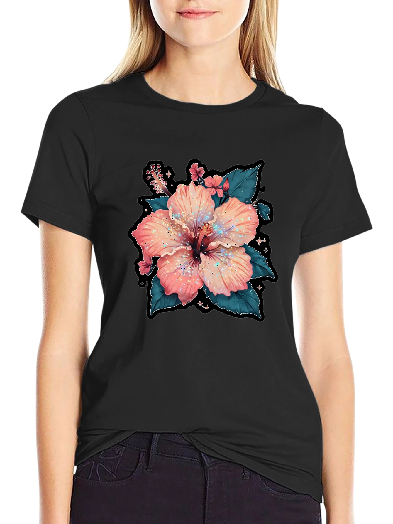 Hibiscus Flower Graphic Tee - Casual Black T-Shirt
