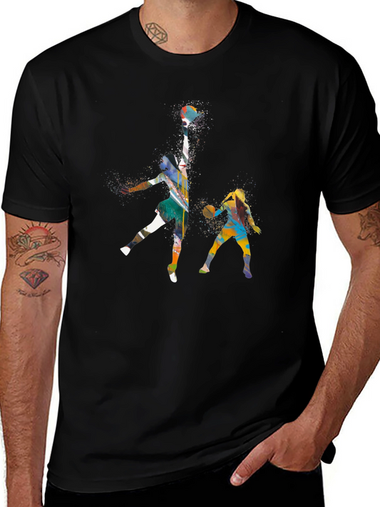 Watercolor Basketball Players Black T-Shirt