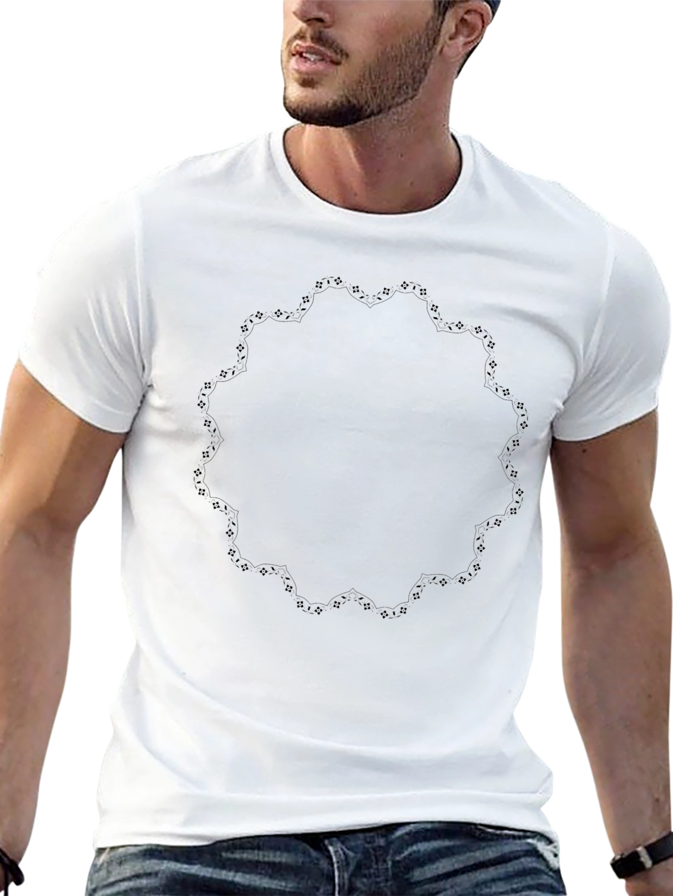Mens Black T-Shirt with Subtle Ornamental Circle Design