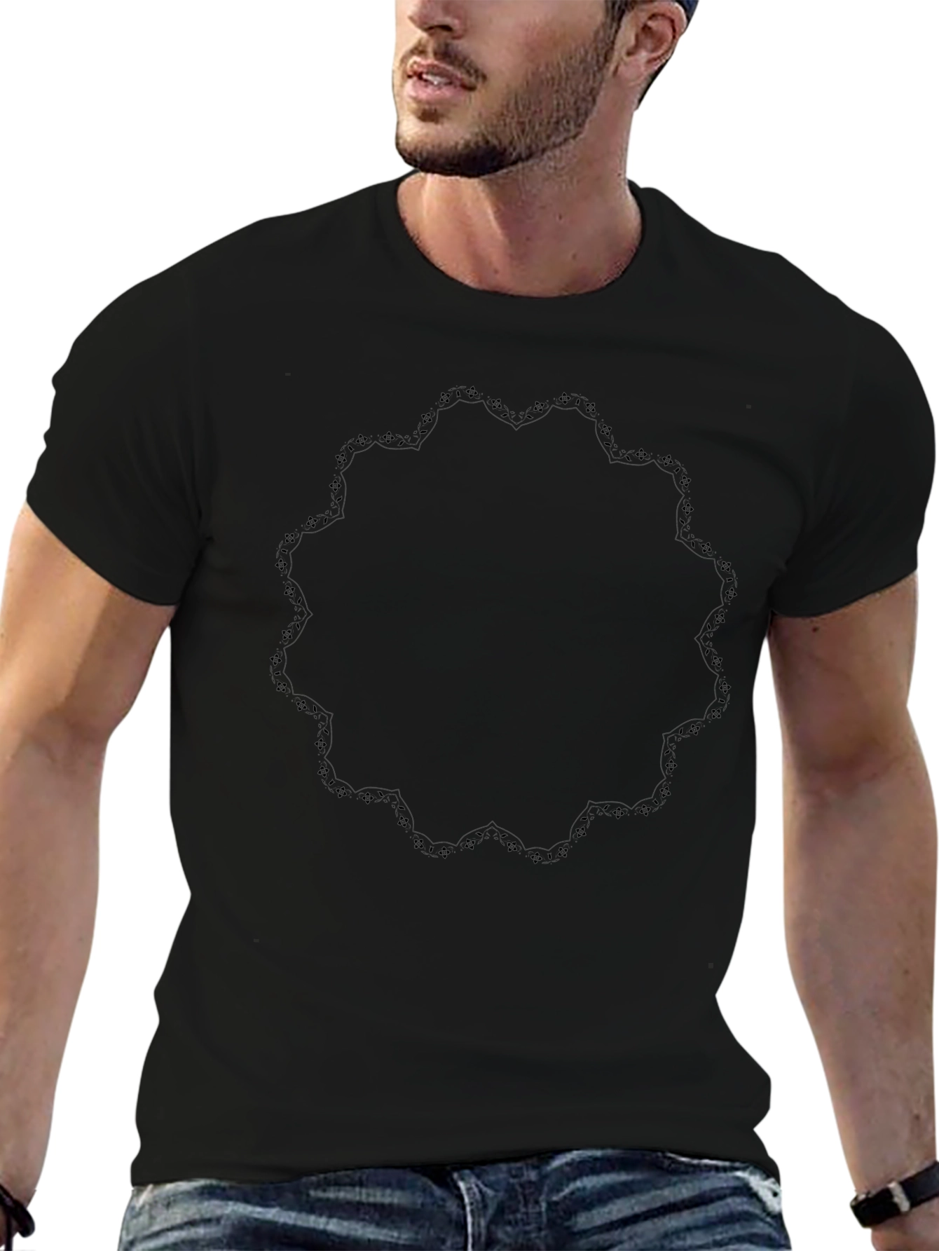 Mens Black T-Shirt with Subtle Ornamental Circle Design