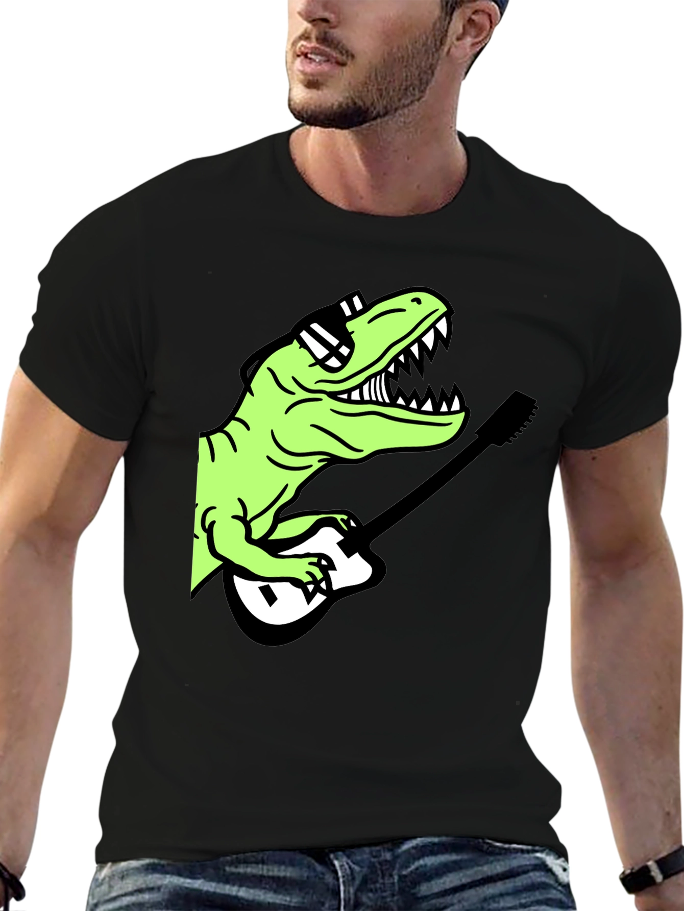 Cool Dinosaur Guitar Player Graphic T-Shirt