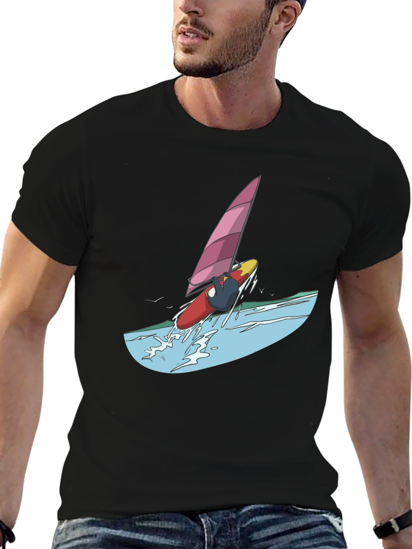 Windsurfer Graphic Tee - Black Cotton T-Shirt