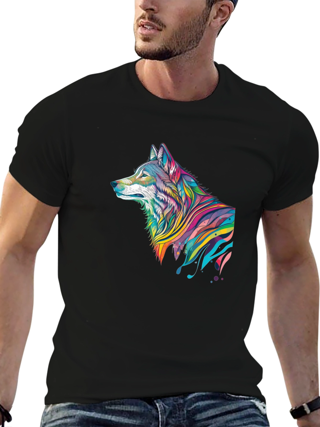 Vibrant Wolf Graphic Black T-Shirt