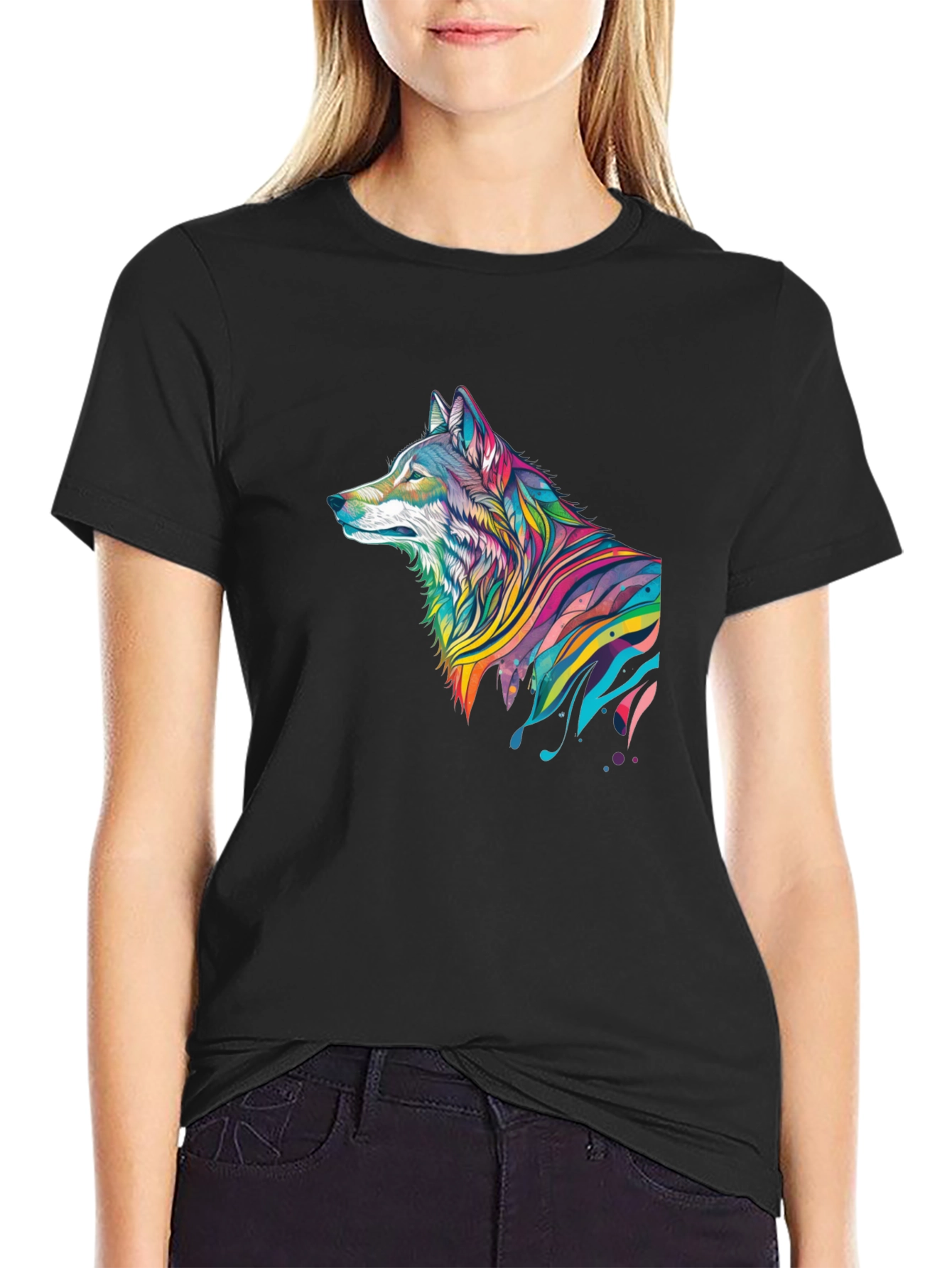 Vibrant Wolf Graphic Black T-Shirt