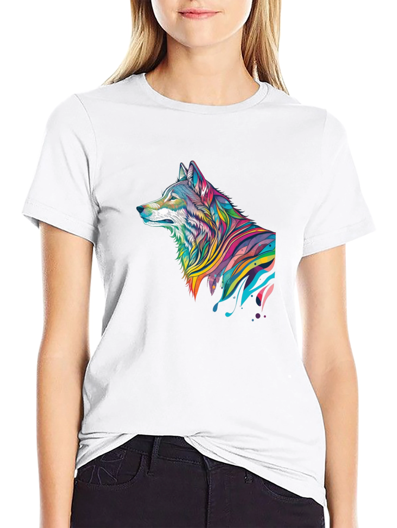 Vibrant Wolf Graphic Black T-Shirt