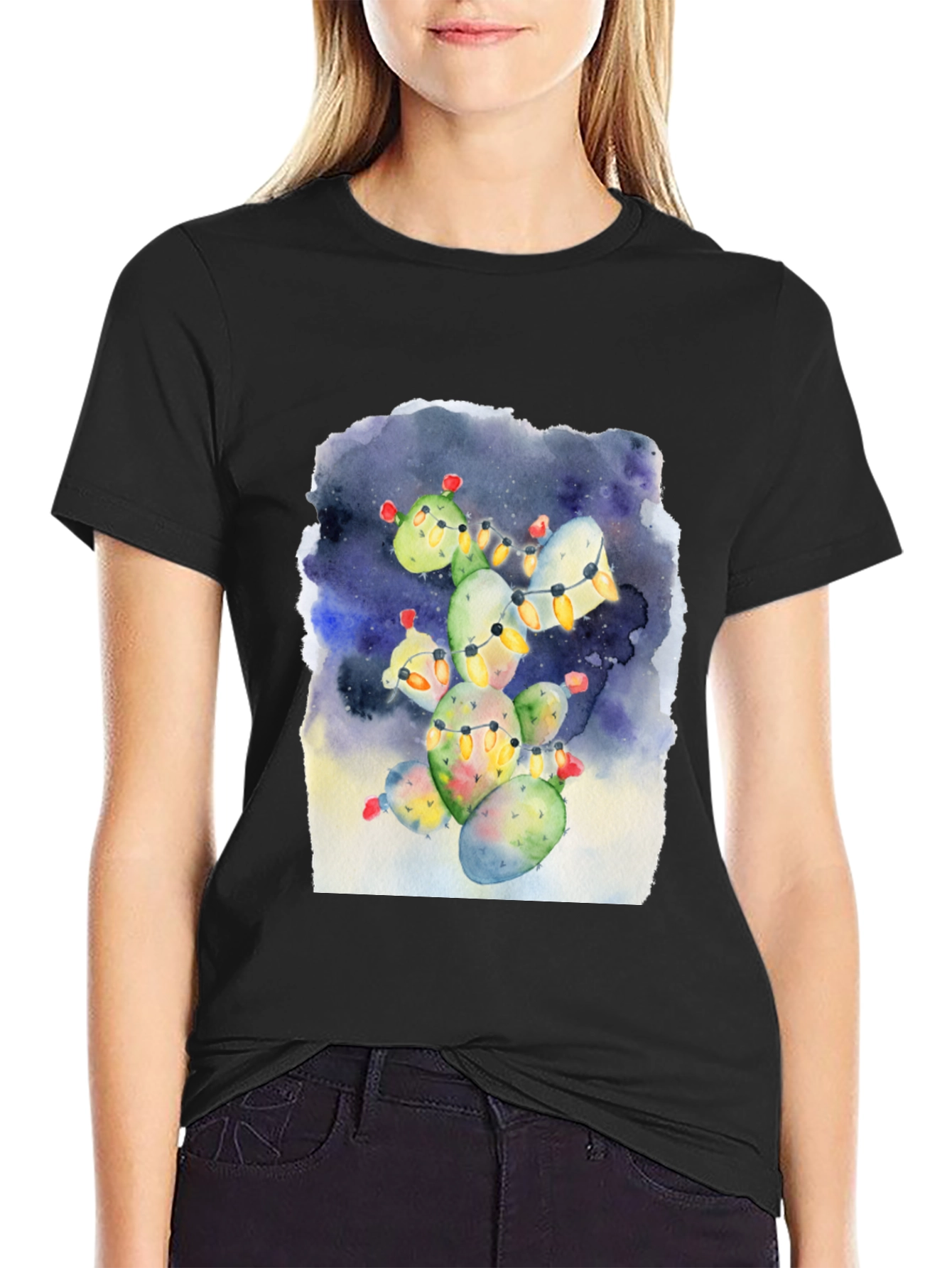 Festive Cactus Tee - Holiday Lights Design