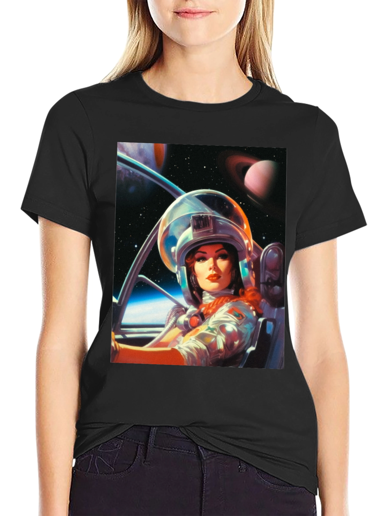 Retro Space Girl T-Shirt - Black