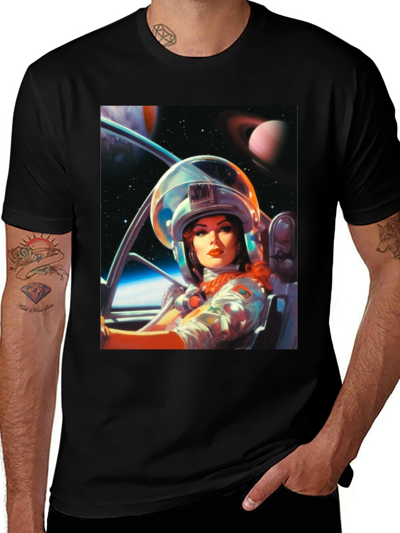 Retro Space Girl T-Shirt - Black