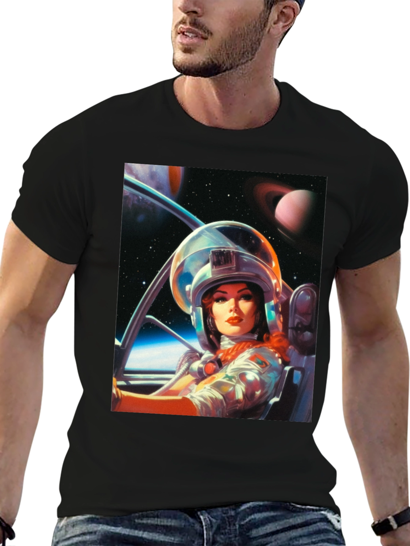 Retro Space Girl T-Shirt - Black
