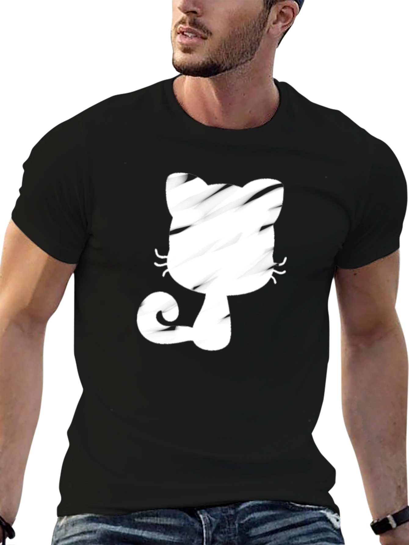 Black T-Shirt with Whimsical Cat Graphic