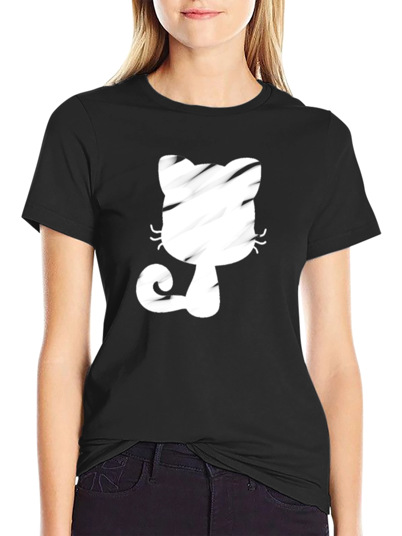 Black T-Shirt with Whimsical Cat Graphic