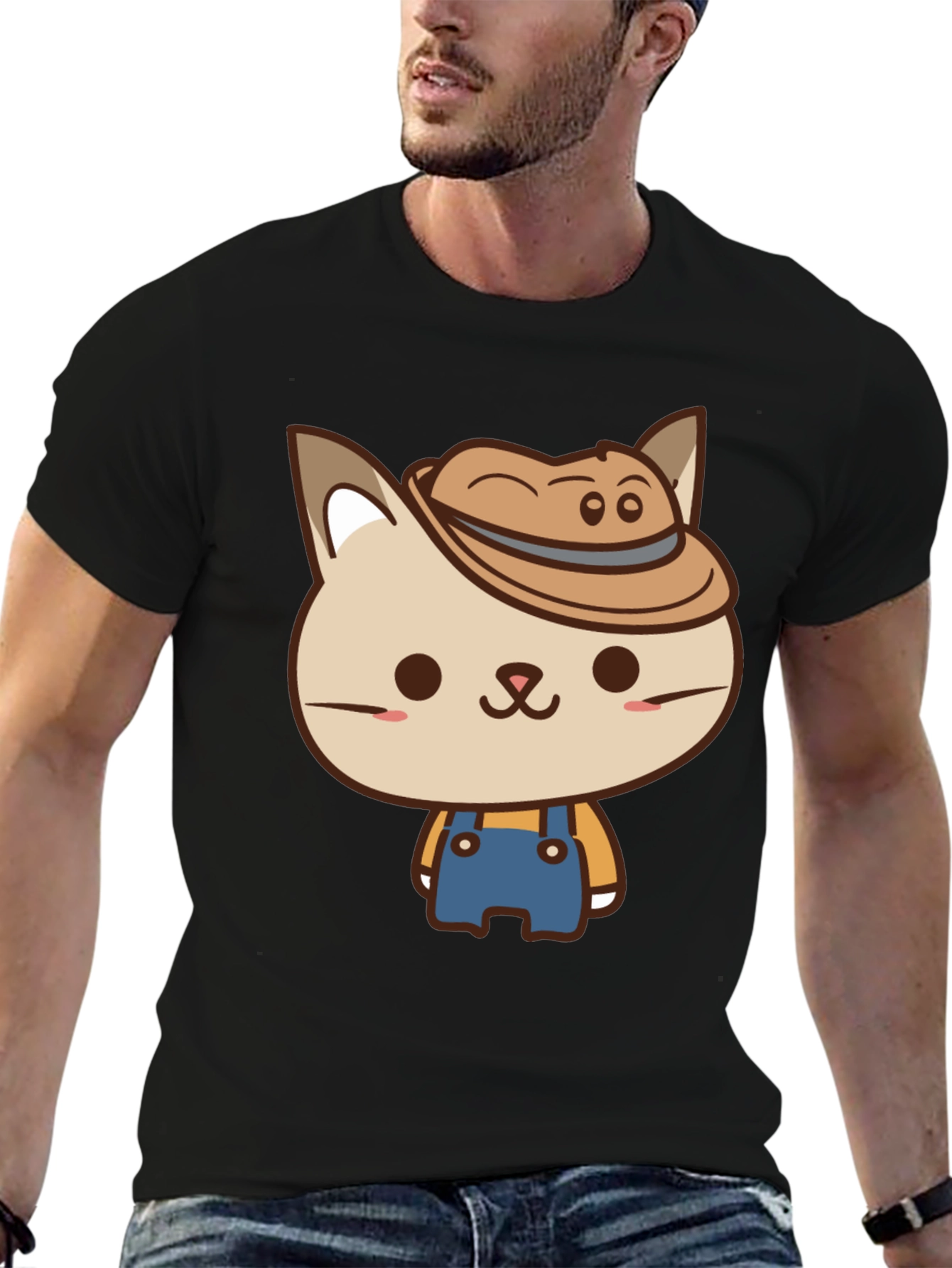 Cute Cat Farmer T-Shirt - Black