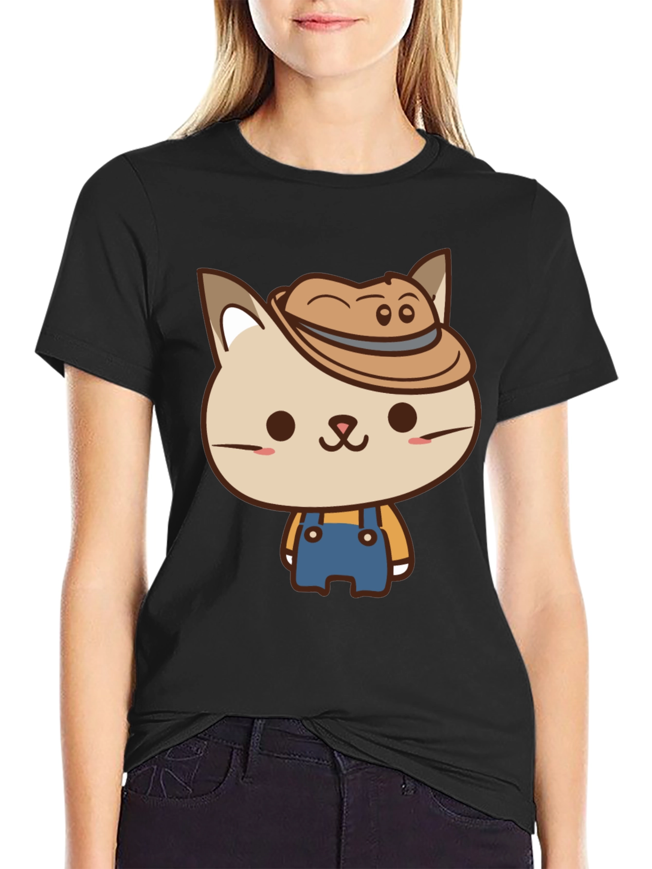 Cute Cat Farmer T-Shirt - Black