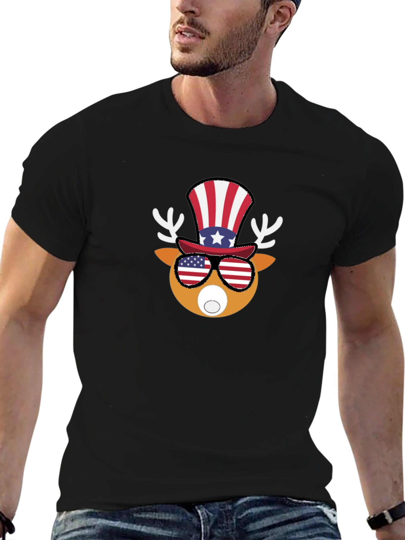 Patriotic Deer Graphic Tee - Mens Black T-Shirt