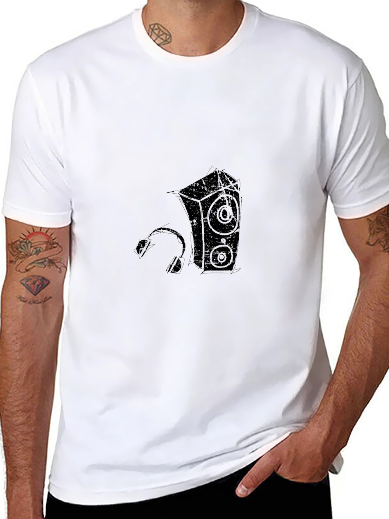 Cool Black T-Shirt with Speaker and Headphone Graphic