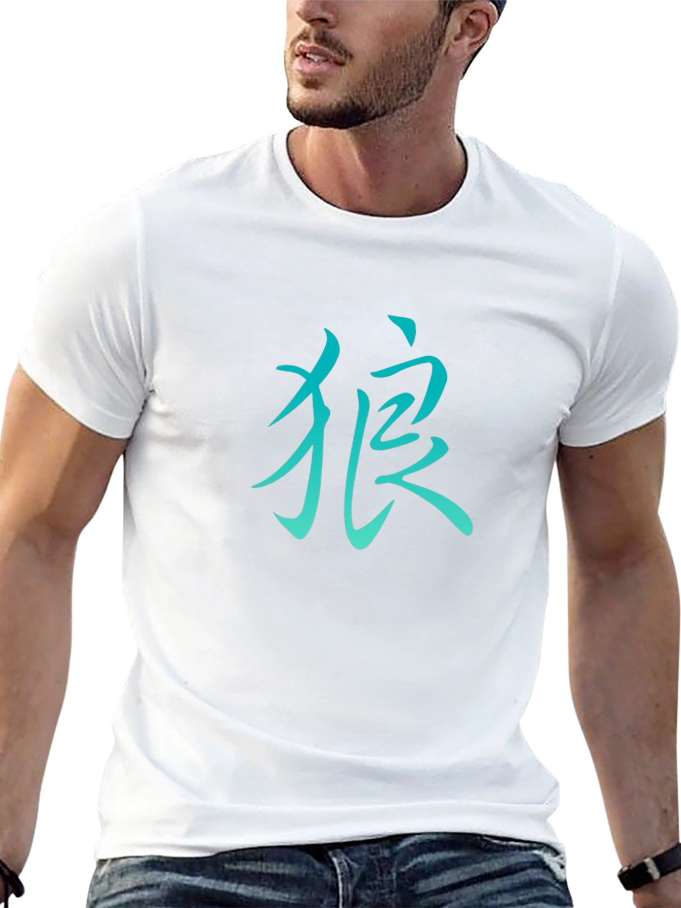 Mens Black T-Shirt with Teal Kanji Design