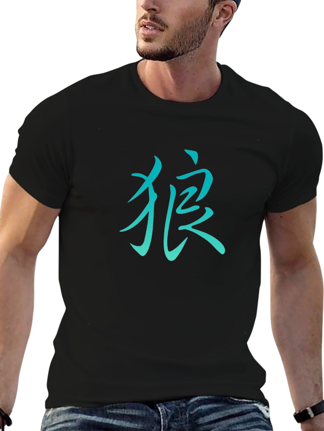 Mens Black T-Shirt with Teal Kanji Design