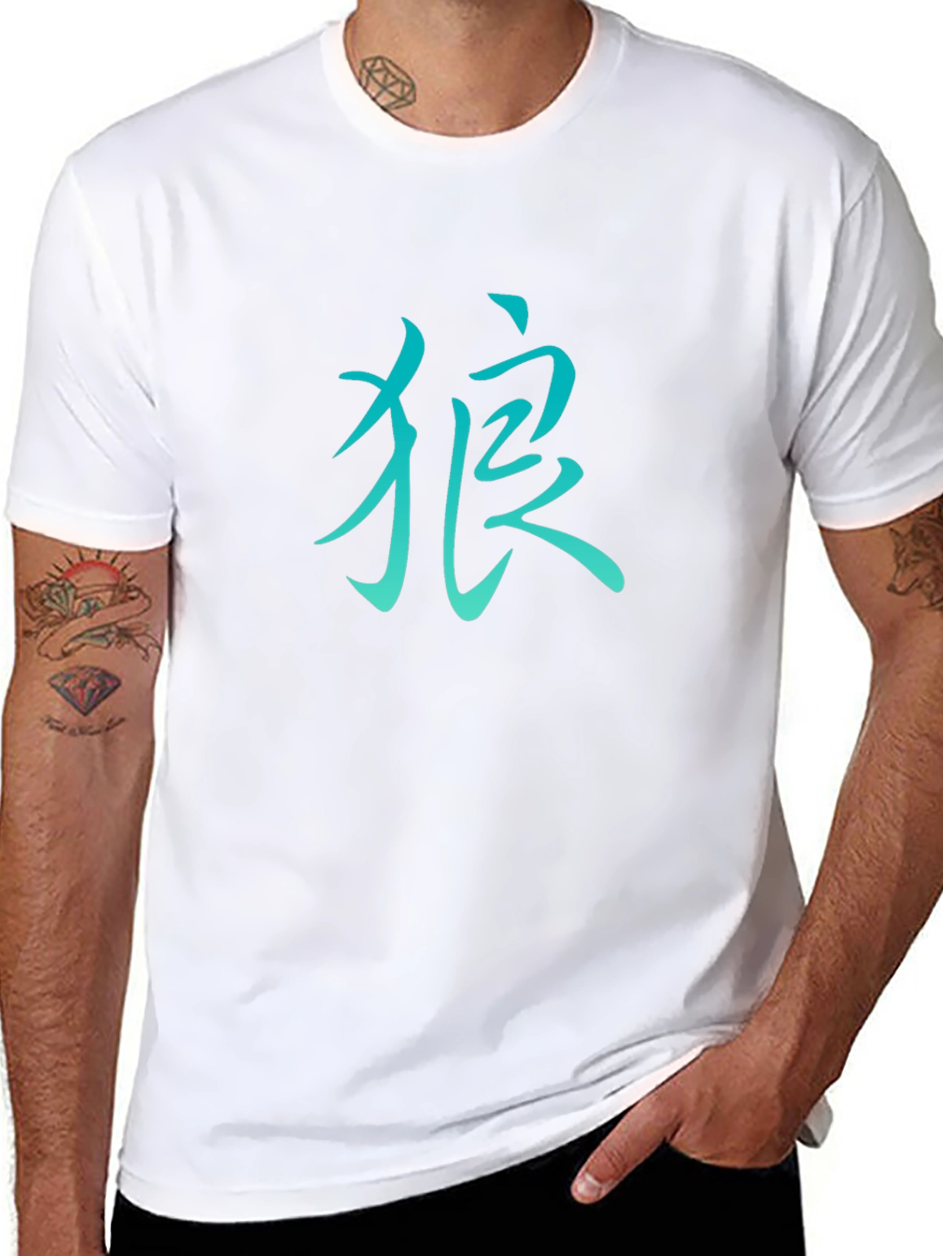 Mens Black T-Shirt with Teal Kanji Design