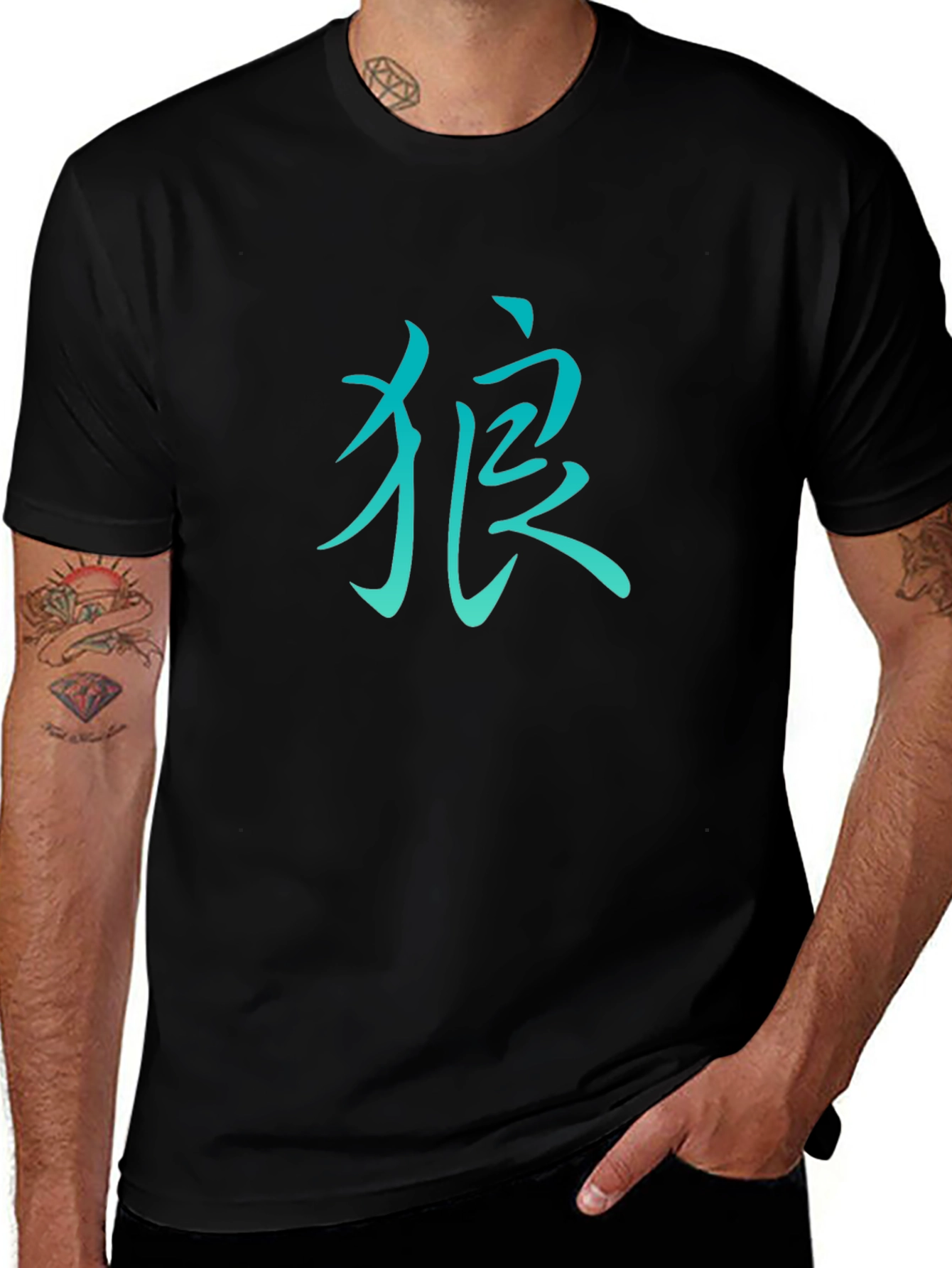 Mens Black T-Shirt with Teal Kanji Design