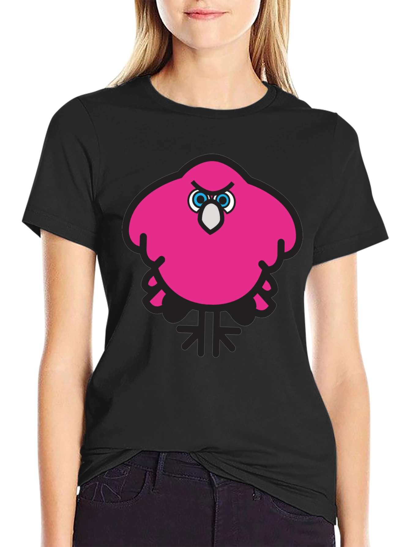 Pink Angry Bird Graphic Black T-Shirt