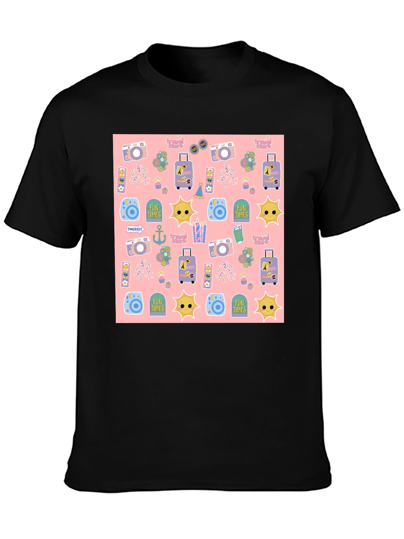 Fun Times Tourist Pattern Black T-Shirt