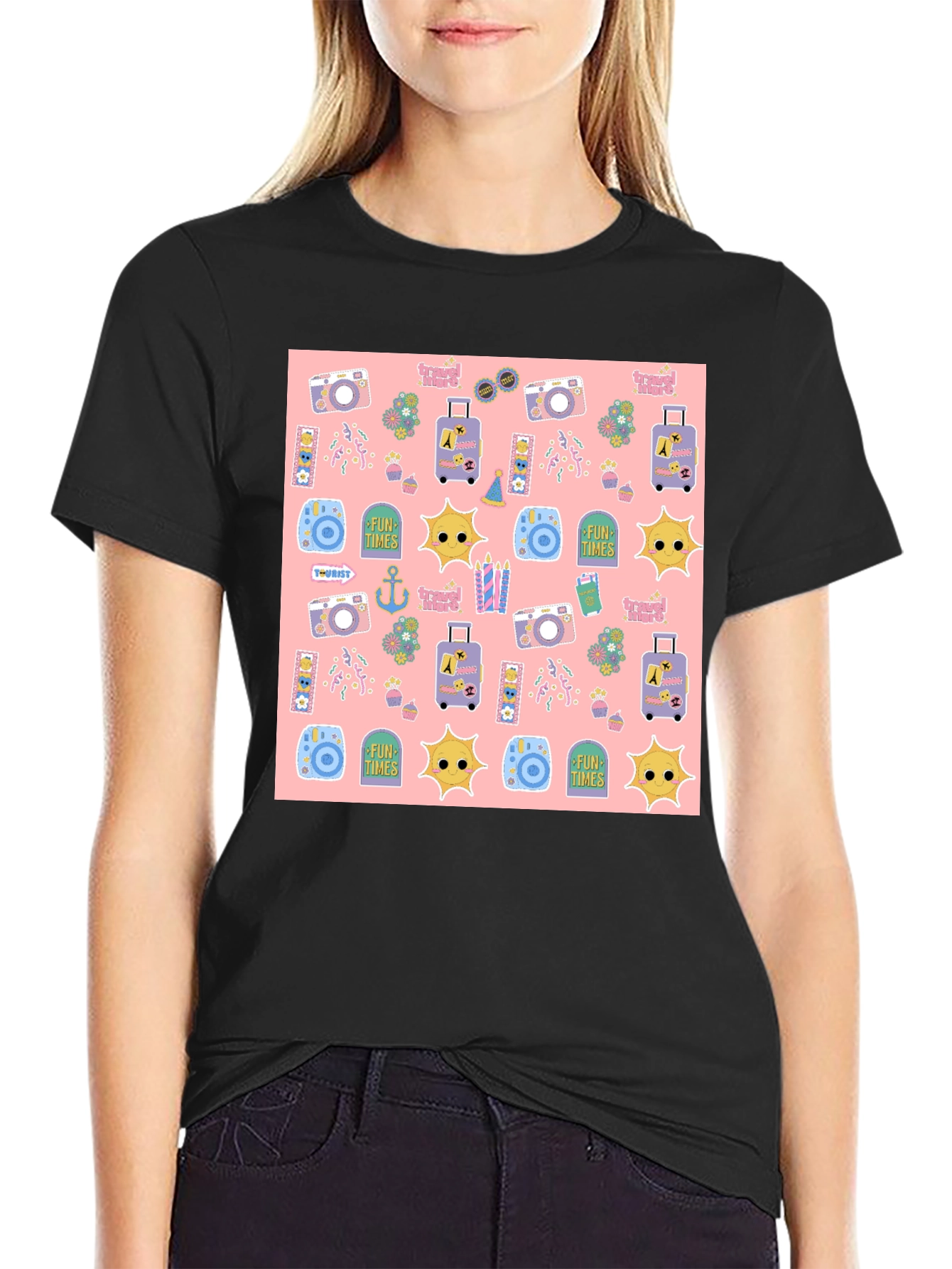 Fun Times Tourist Pattern Black T-Shirt