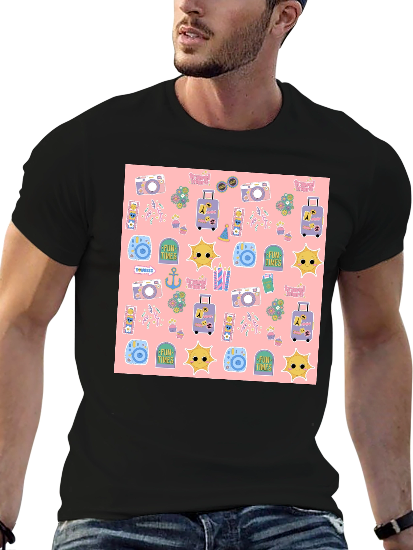 Fun Times Tourist Pattern Black T-Shirt