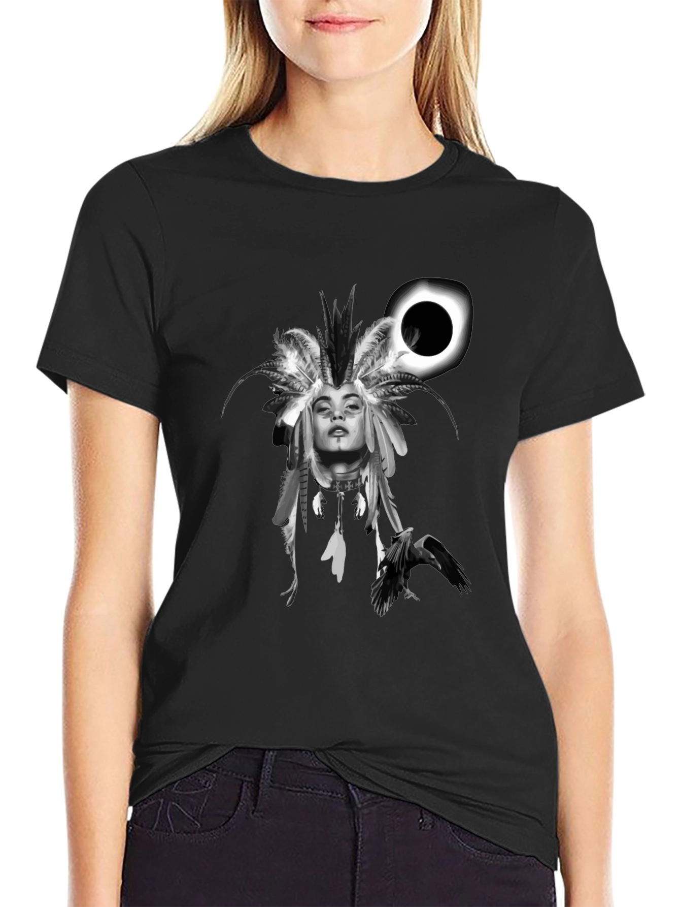 Raven Woman T-Shirt: Black Stylish Graphic Tee