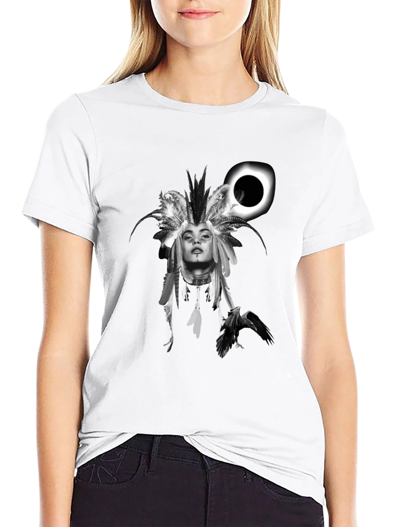 Raven Woman T-Shirt: Black Stylish Graphic Tee