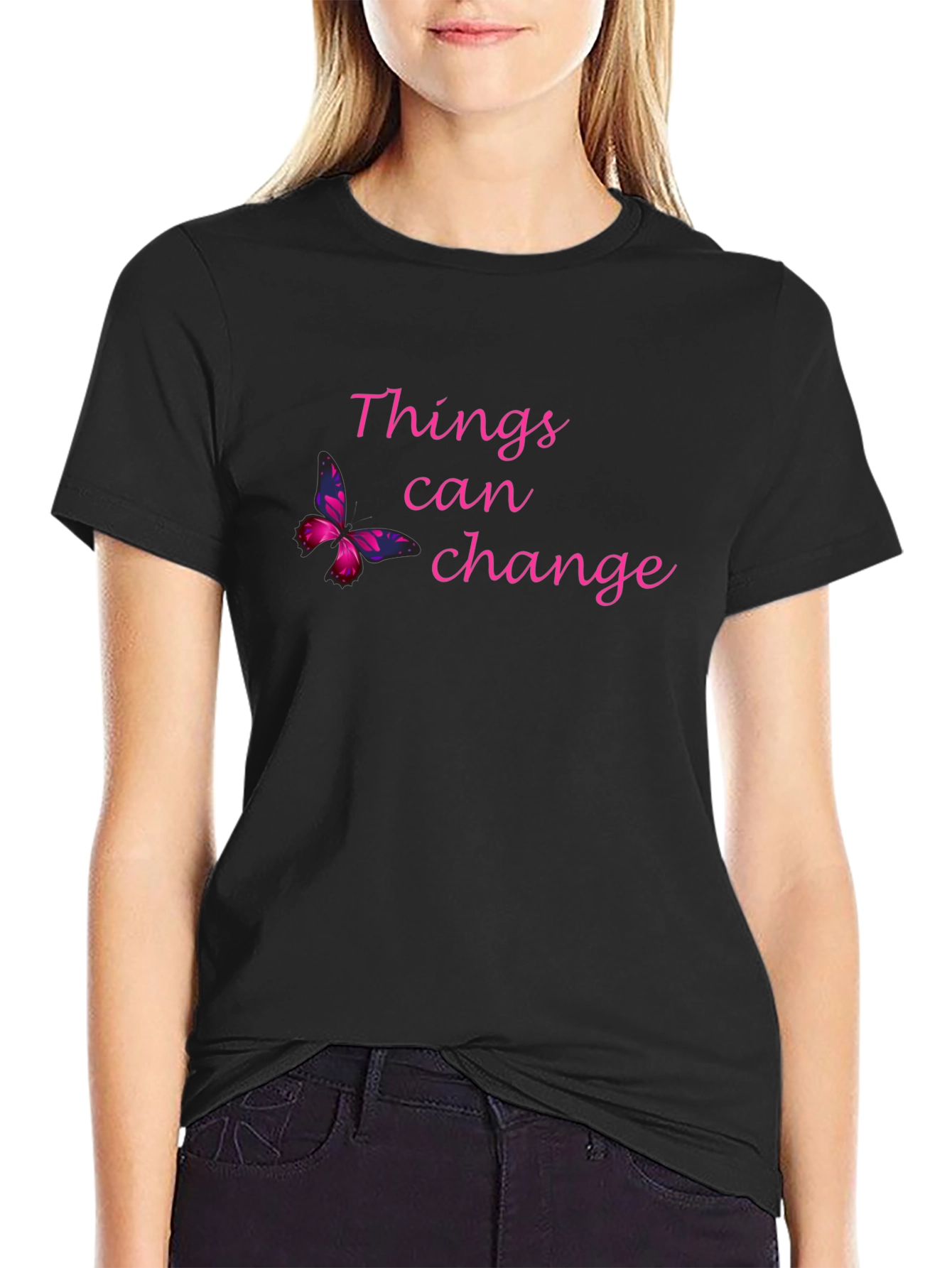 Things Can Change Black T-Shirt with Butterfly