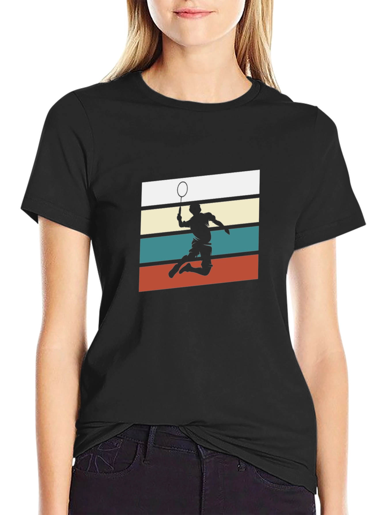 Retro Badminton Player Graphic Tee - Black