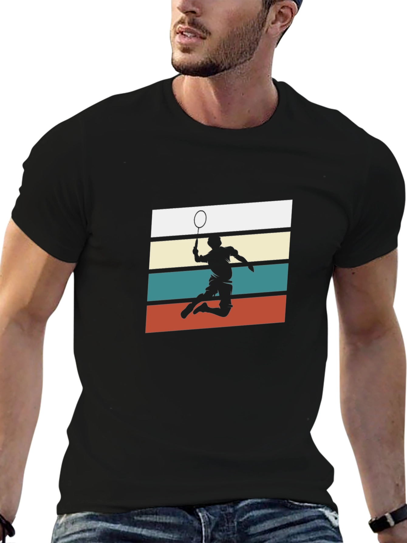 Retro Badminton Player Graphic Tee - Black